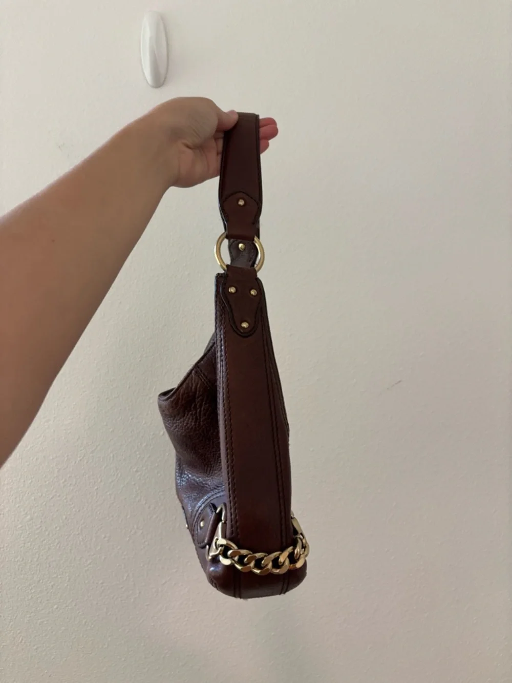 Vintage Michael Kors brown leather hobo shoulder bag with gold chain details